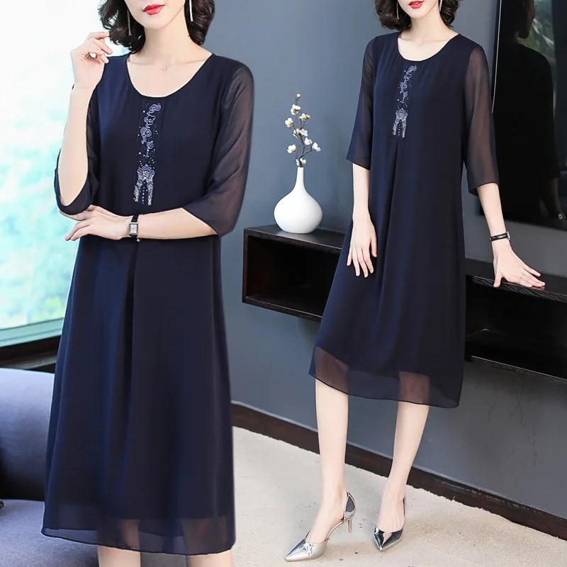 Navy blue M-4XL, летнее женское платье большого размера,, винтажное шелковое платье, повседневное Свободное длинное платье, элегантное, большие размеры, вечерние платья для женщин - Цвет: Navy blue