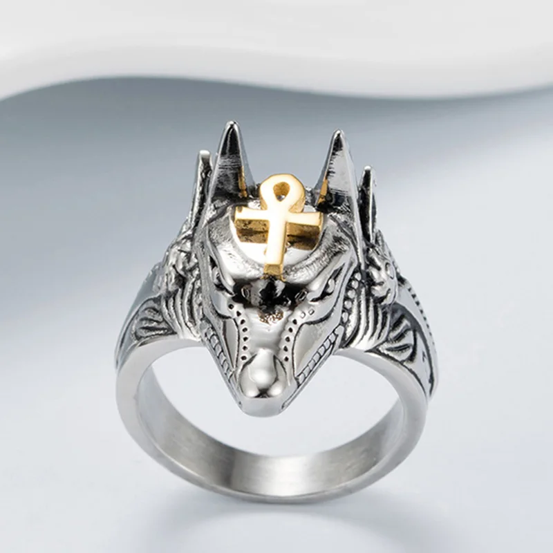 Мужское кольцо Anubis в стиле панк из нержавеющей стали с египетским крестом, дизайнерское серебряное кольцо в виде животного волка, модное женское кольцо на запястье