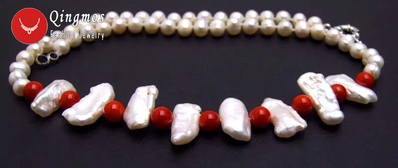 Qingmos Natural Pearl Necklace for Women with 6-7mm Round &amp12-15mm Biwa &amp 6mm Red Coral Jewelry 17'' Nec6126 | Украшения и