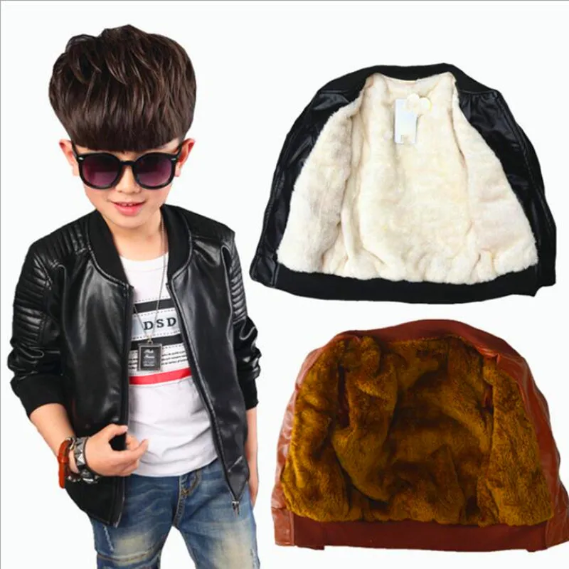 2017 GLXN Kids boy's PU warm leather faux fur hooded jacket coat hot down parkas thicken boys outerwear thickened |