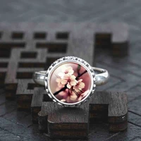 fashion silver statement real solid 925 sterling silver ring vintage flower air picture collares summer glass cabochon ring