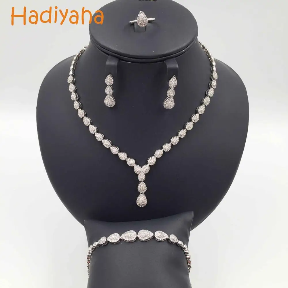 White gold Hadiyana, новинка, Искрящиеся капли воды, наборы ювелирных изделий с кристаллами, высокое качество, кубический циркон, 4 шт., свадебный камень, женский ювелирный набор CN150 - Окраска металла: White gold