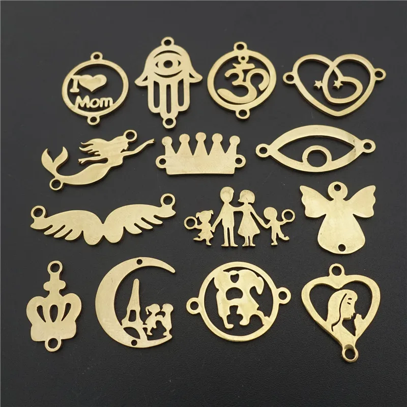 5 Pieces Gold Stainless Steel Connector Link Evil Eye Hand Yoga Mermaid Crown Heart Virgin Mary Diy Jewelry Component Findings