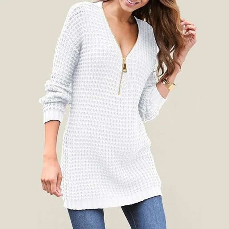 Autumn Women Sweaters 2018 V-neck Long-sleeved Tops Female Winter Knitted Jumpers Sexy Ladies Zipper Sweater Dress 2XL | Женская одежда
