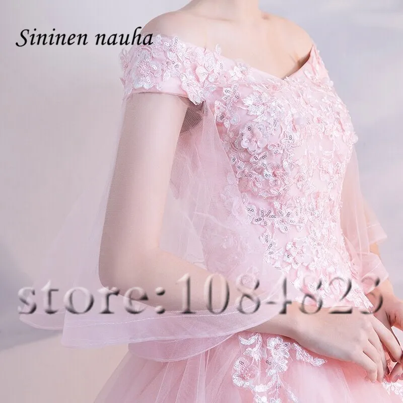 Розовое платье Quinceanera с открытыми плечами и рукавами аппликацией бальное размера