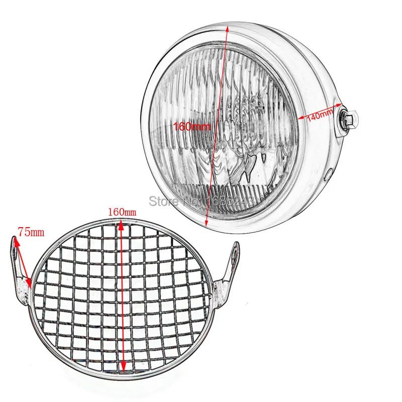 

6.5" Universal Motorcycle Front Headlight + Metal Grill Cover for Cafe Racer GN125 New