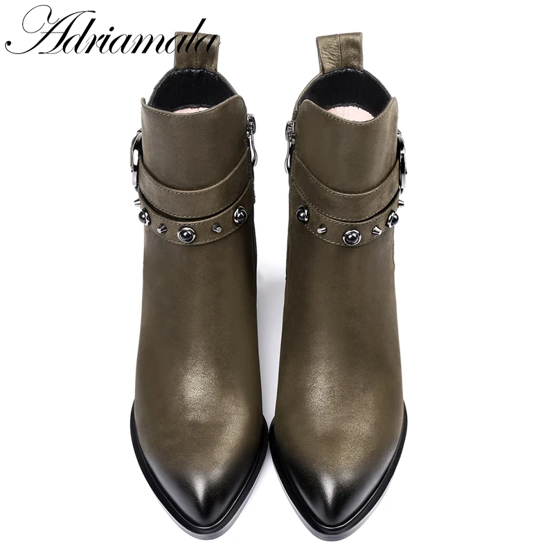 2017 острый носок толстый каблук Ботильоны из натуральной кожи для Осенне-зимняя