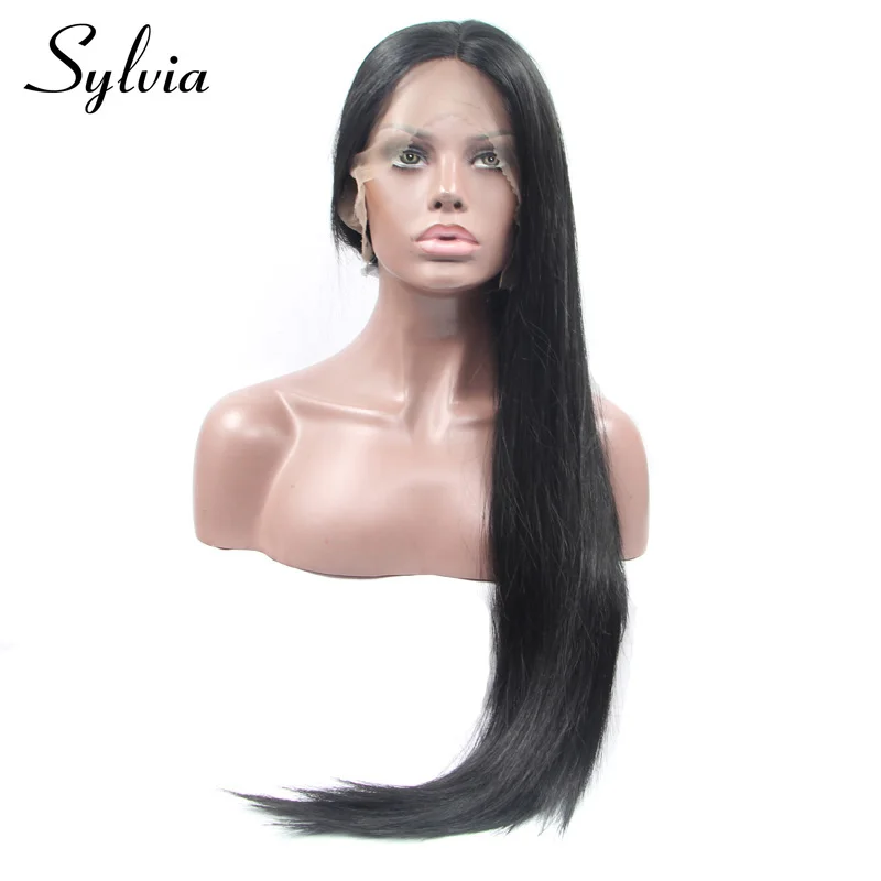 Sylvia 1b Black Long Silky Straight Synthetic Lace Front Wig for Black Woman Glueless Heat Resistant Fiber Hair Middle Parting sylvia synthetic lace front wig straight hair long orange wig lady glueless wig middle parting cosplay wig ombre two tone wigs