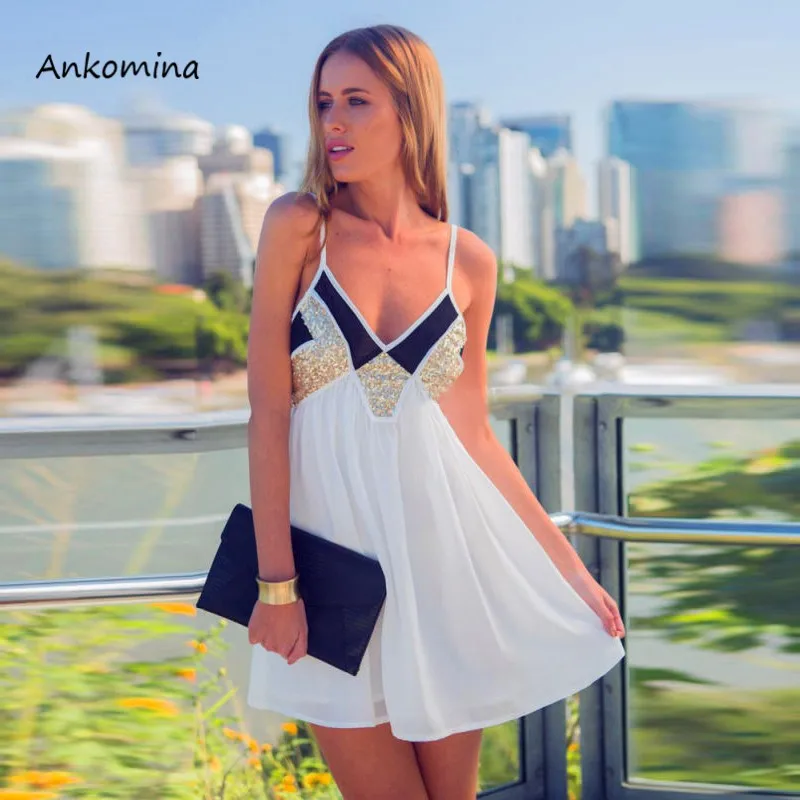 Ankomina Лоскутная Сексуальная v шеи шифон С НАБОРНЫМИ БРЕТЕЛЬКАМИ платье 2018 летние