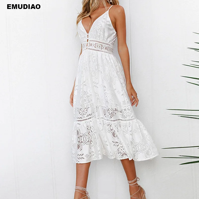 Sexy Lace Spaghetti Strap White Dress Women Elegant Summer Fashion V-Neck Sleeveless Evening Party | Женская одежда