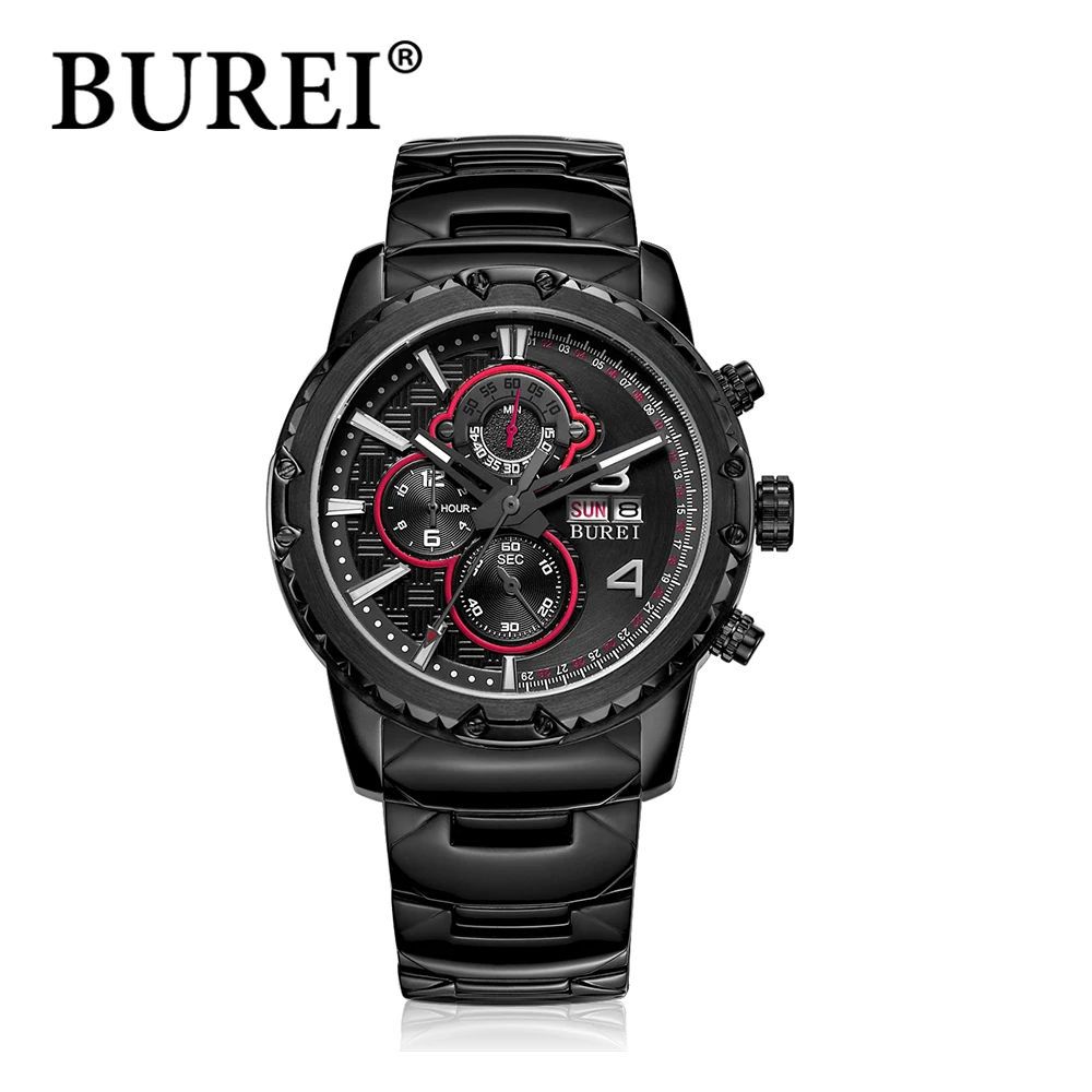 Burei черный нержавеющей стали водонепроницаемые мужские спортивные часы малый