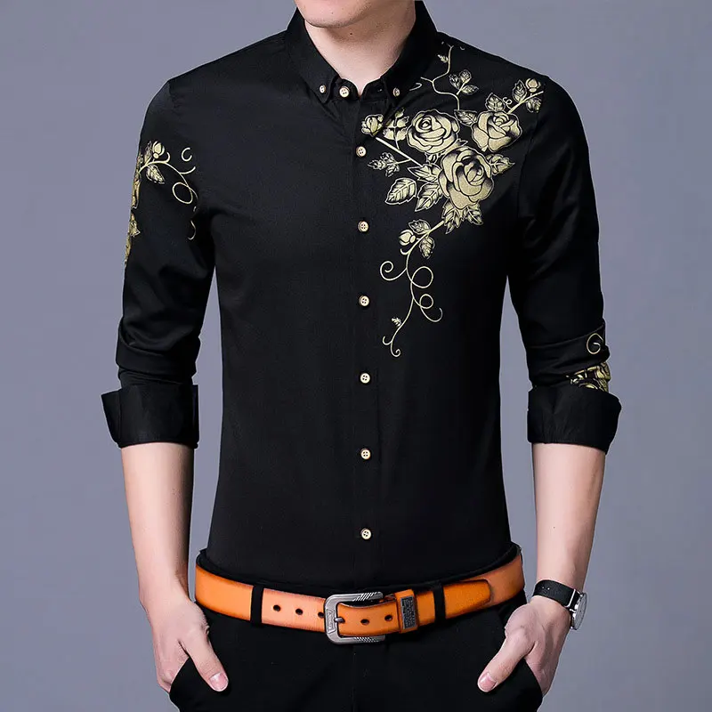 Brand Wine Red Mens Dress Shirts 2022 Fashion Golden Rose Flower Print Button Down Shirt Men Slim Fit Long Sleeve Chemise Homme
