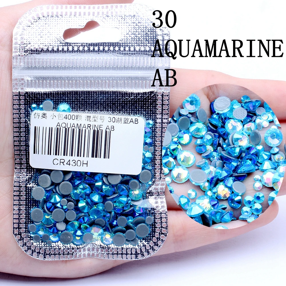 AQUAMARINE AB Смешанные размеры 400 шт./упак. все AB Цвета Hotfix Flatback Стразы для ногтей Rhinestoens для дизайна ногтей 3D украшения для ногтей украшение драгоценных камней - Цвет: AQUAMARINE AB
