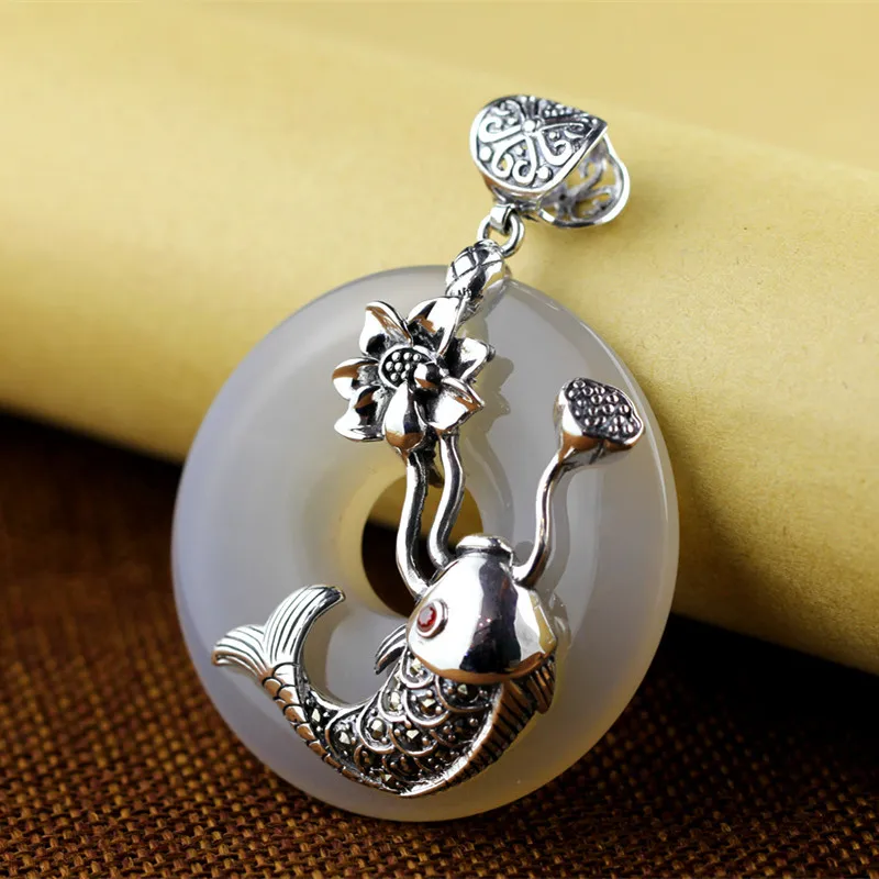 Женский винтажный кулон из серебра 100% пробы с белым нефритом|fine jewelry|jewelry necklace