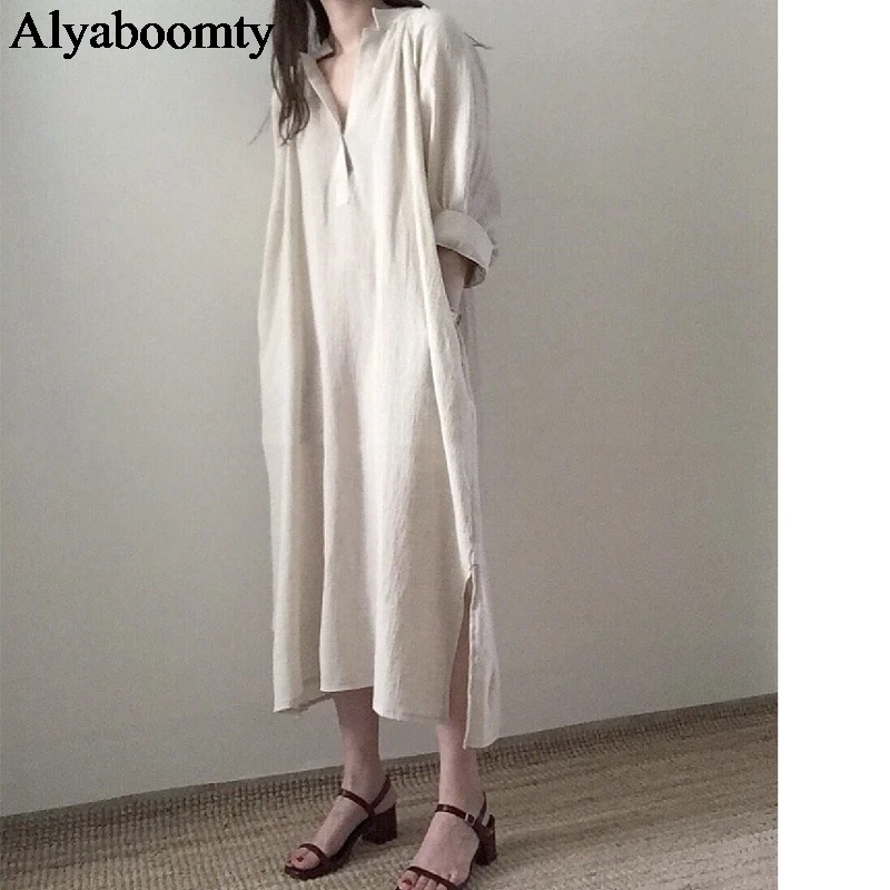 Корейский стиль Ulzzang Весна Осень женское платье-рубашка абрикосовое винтажное негабаритное Повседневное платье Vestidos с рукавами-фонариками хлопковое льняное платье