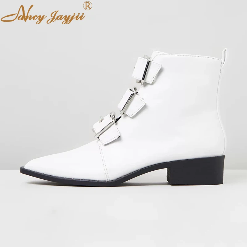 

Nancyjayjii White Leather 3 Buckle Women’S Ankle Boots Pointed Toe Med Chunky Heels Female Winter Short Booties Zipper Shoes