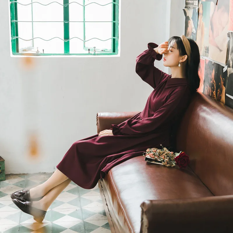 

#2019Spring new women's Korean version of the wine red long-sleeved dress in the long French retro dress