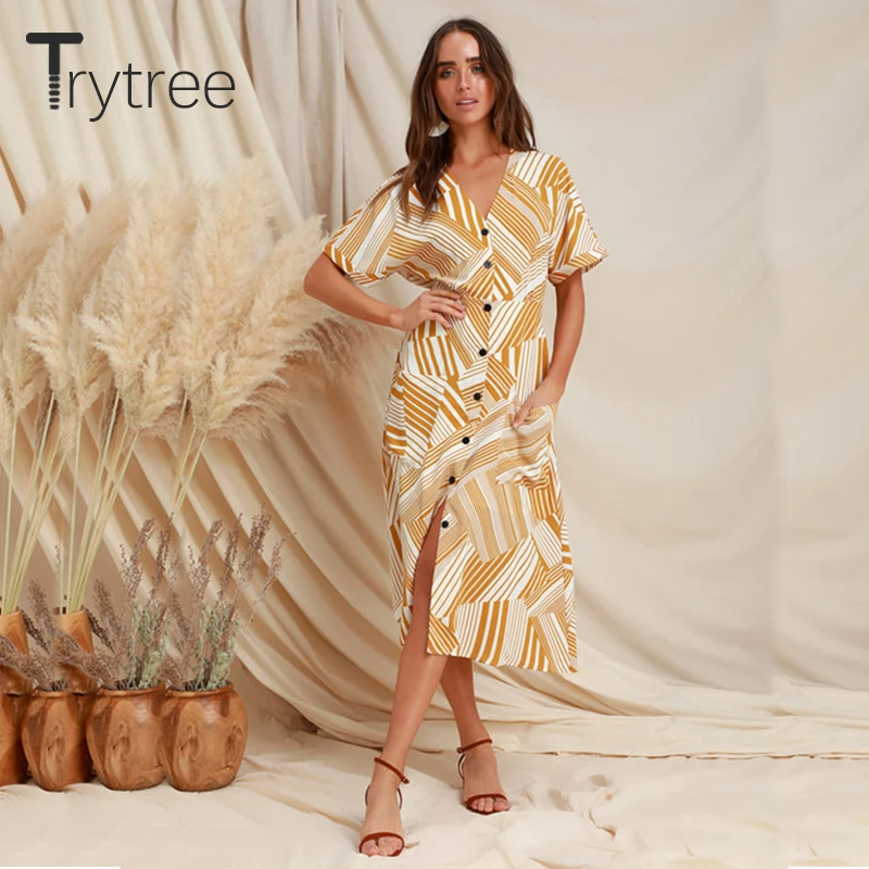 Trytree Лето Осень женское платье повседневное Полосатое с v образным вырезом