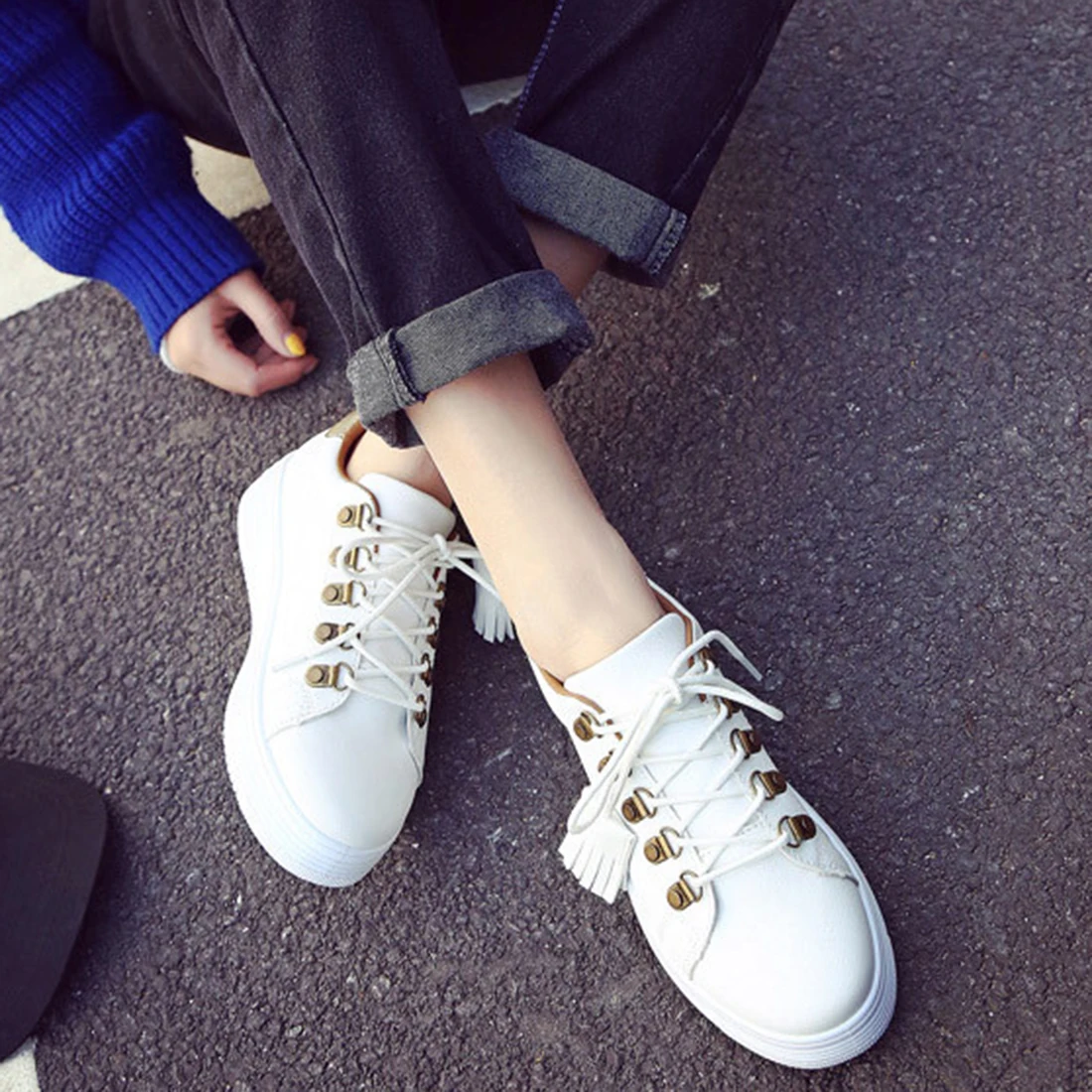 Круглый Носок Кисточкой Обувь Женщины ИСКУССТВЕННАЯ Кожа Случайные Белые Туфли