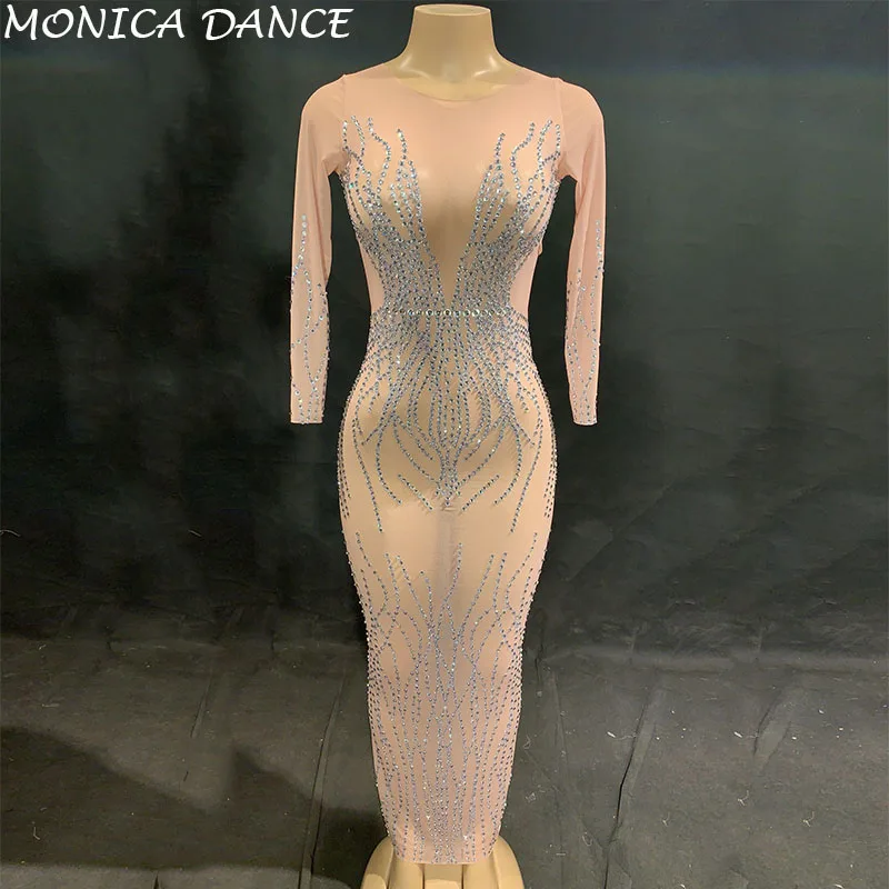 

Women Sexy Stage Net Yarn See Through Sparkling Crystals Nightclub Party Stage Wear Dancer Singer Singer Bling Costumes Dress
