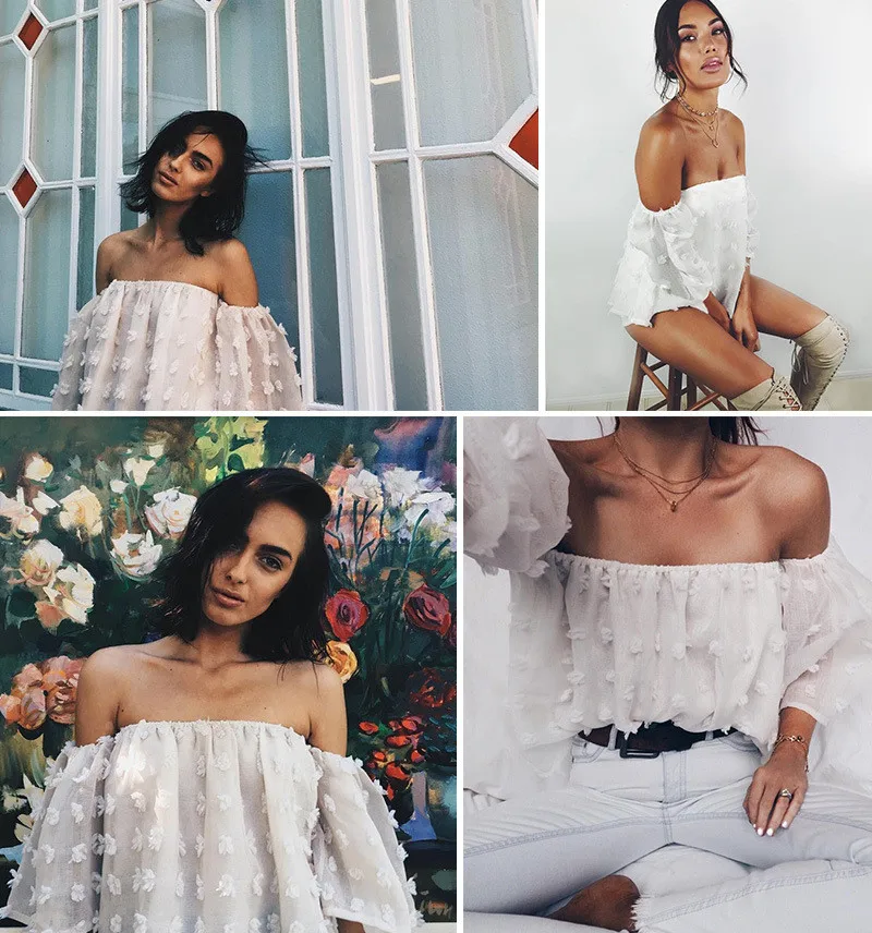 Сексуальные блузки с открытыми плечами женские 2019 новые пышные рукава 3D