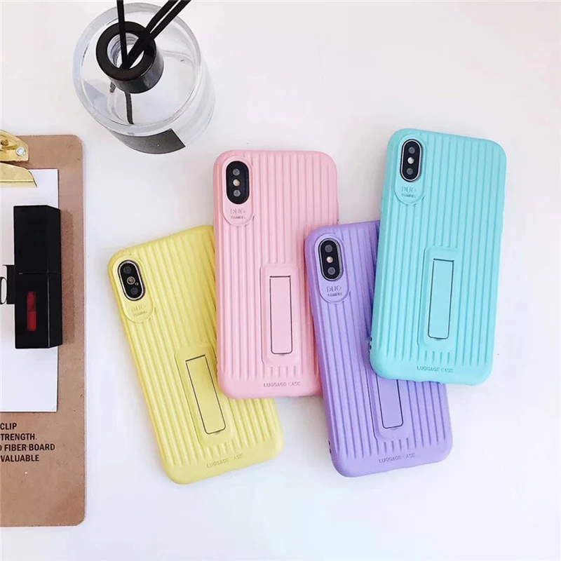 For iphone 6s 6 X XS 7 8 Plus Candy Color Suitcase Silicon Kickstand Phone Cases Case Hide Stand Holder Cover Coque |