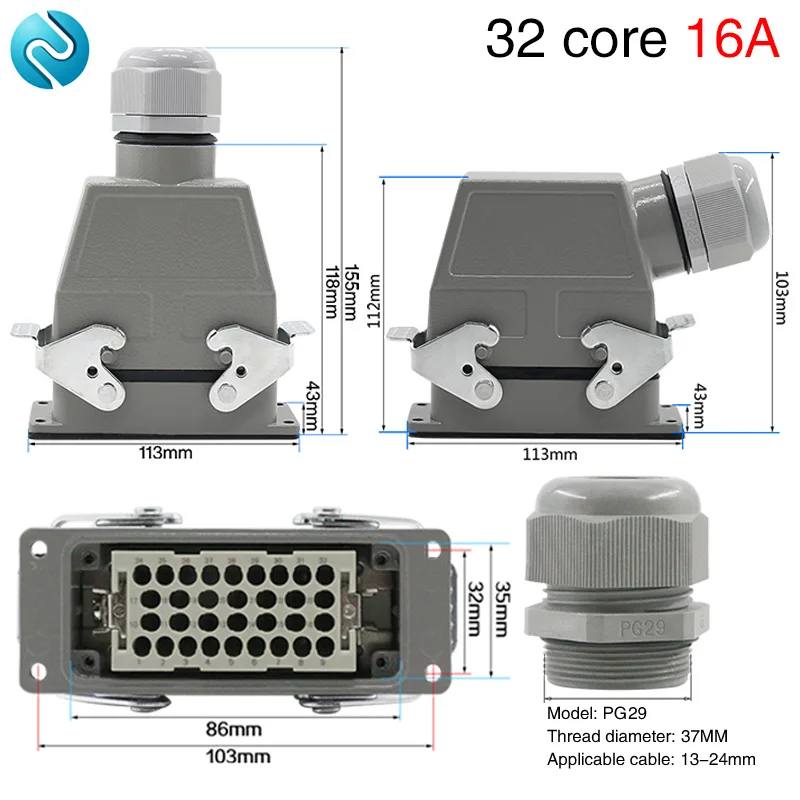 Разъем для тяжелых условий эксплуатации 32 ядра прямоугольная вилка подключение