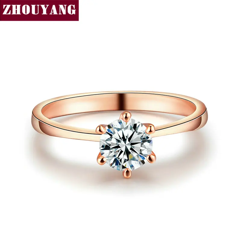 ZHOUYANG, обручальное кольцо для женщин, розовое золото, шесть когтей, кубический цирконий, круглая огранка, 1 карат, 6 мм, модное ювелирное изделие, R013, R014