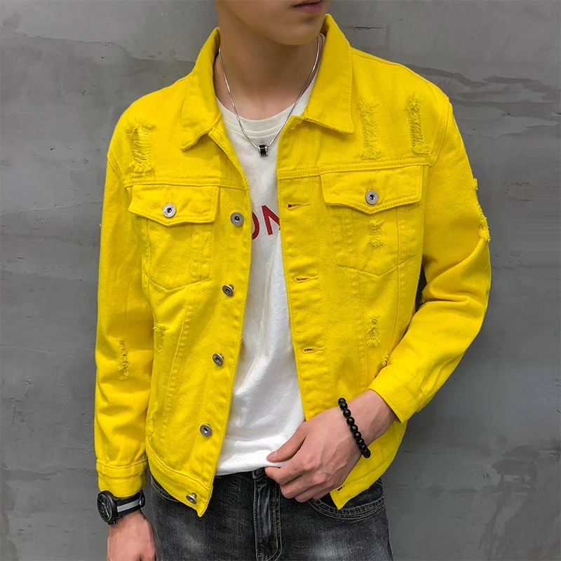 

2019 Spring and Autum New Color Denim Jacket Super Handsome Couple Coat Fashion Street Style Brokean Hole Jacket Size S-3XL