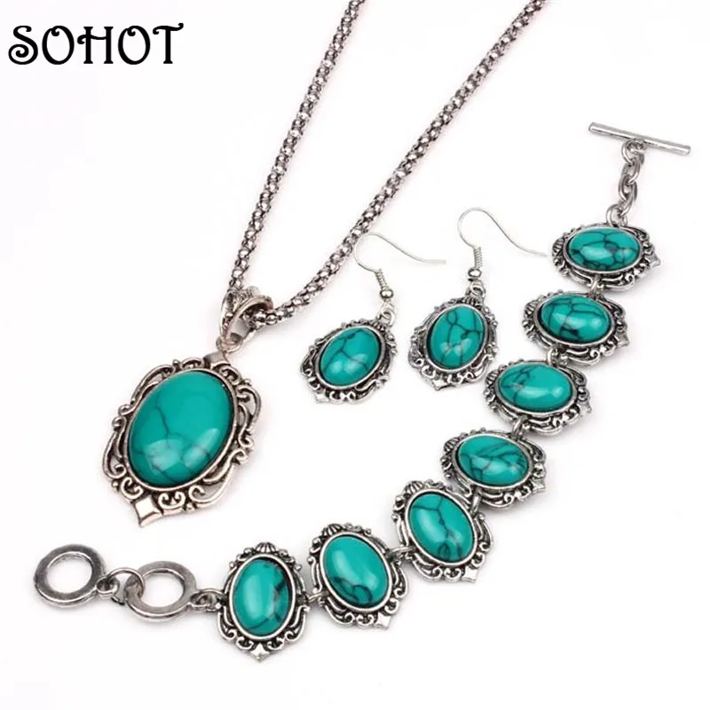 Женский комплект из колье и серёг SOHOT овальный кулон под старину серебро с