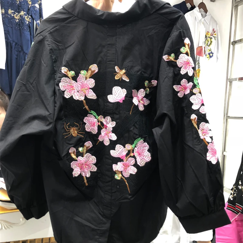 Spring Autumn Tops Woman Irregular Flower Embroidery Shirt New Loose Casual Blouse V-Neck lantern Sleeve blouses Female HF76 | Женская