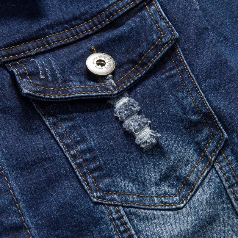 

Brand Denim Jacket Men Fashion Letter Patchwork Hole Jeans Jacket Coat 2XL Casual Slim Pocket Design Scratched Jaqueta Masculina