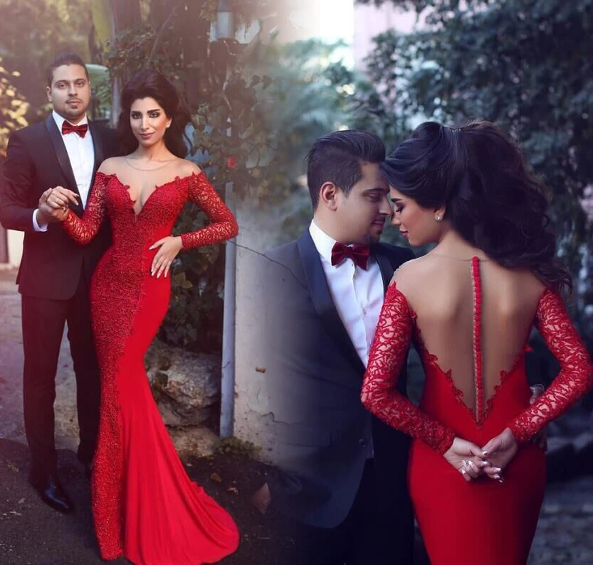 

Robe de soiree New Red Long Evening Dress Illusion Neck Long Sleeve Floor Length Lace Mermaid Prom Dresses 2017 See Through Back