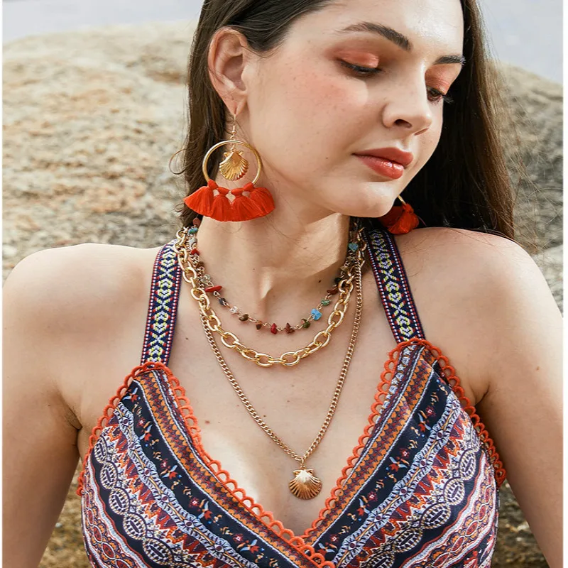 

Bohemian Metal Shell Necklace Earrings Set 2019 Fashion Ladies Tassel Earrings Multi-layer Necklace Gold Jewelry Sets Women Gift