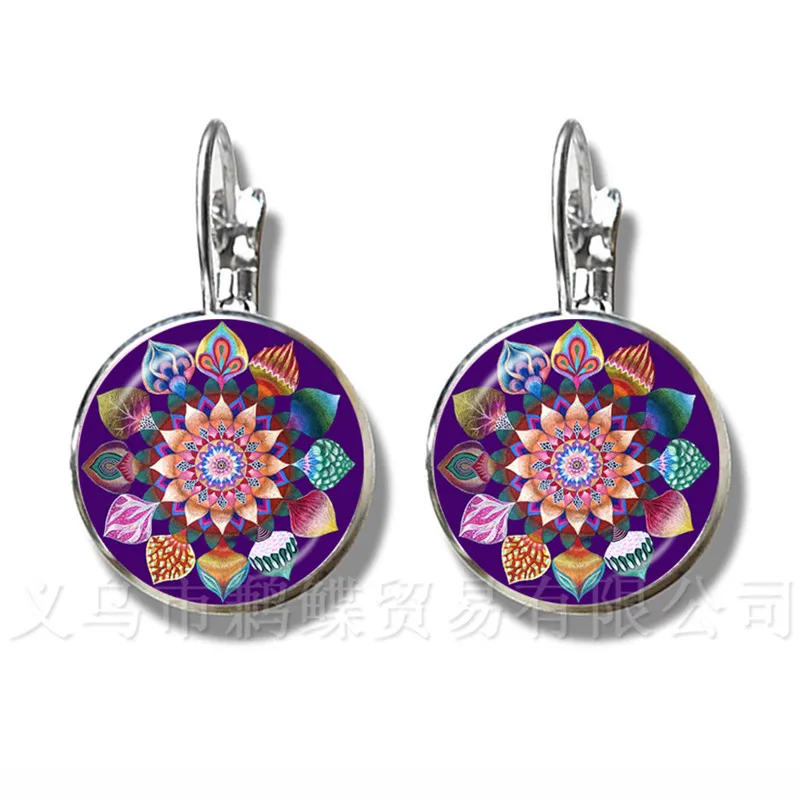 

Classic Mandala Lotus Earrings Henna Yoga Jewelry For Women Girls Charm Art Picture OM Symbol Buddhism Zen Stud Earrings