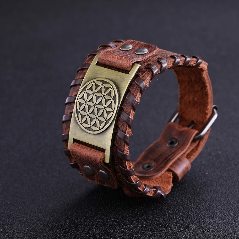 Dawapara Flower Of Life Vintage Bangles For Men Handmade Brown Wide Leather Bracelets Man Amulet Jewelry BROWNB109576-9-W-L | Украшения и