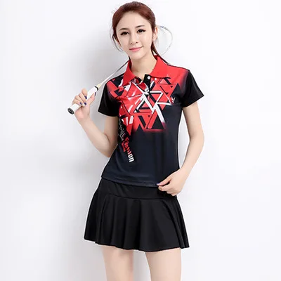 Female B9812 black Новая футболка для бадминтона+ шорты футболки для пары для игры в настольный теннис, футболка, дышащая быстросохнущая Мужская/Женская теннисная футболка с поездами - Цвет: Female B9812 black