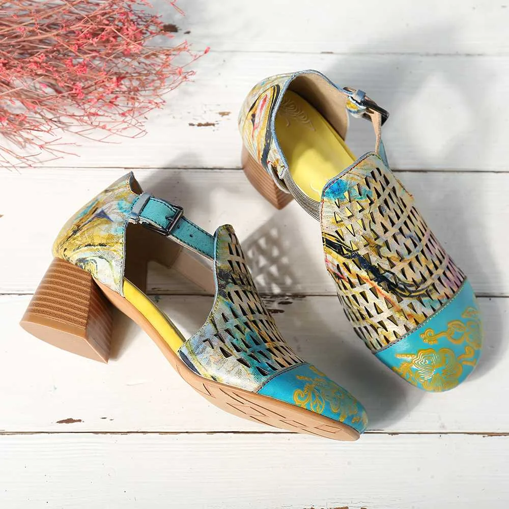 SOCOFY Hand Painted Sandals Retro Veins Genuine Leather Splicing Big Head Hollow Soft Sandals Shoes Women Sandalias Mujer