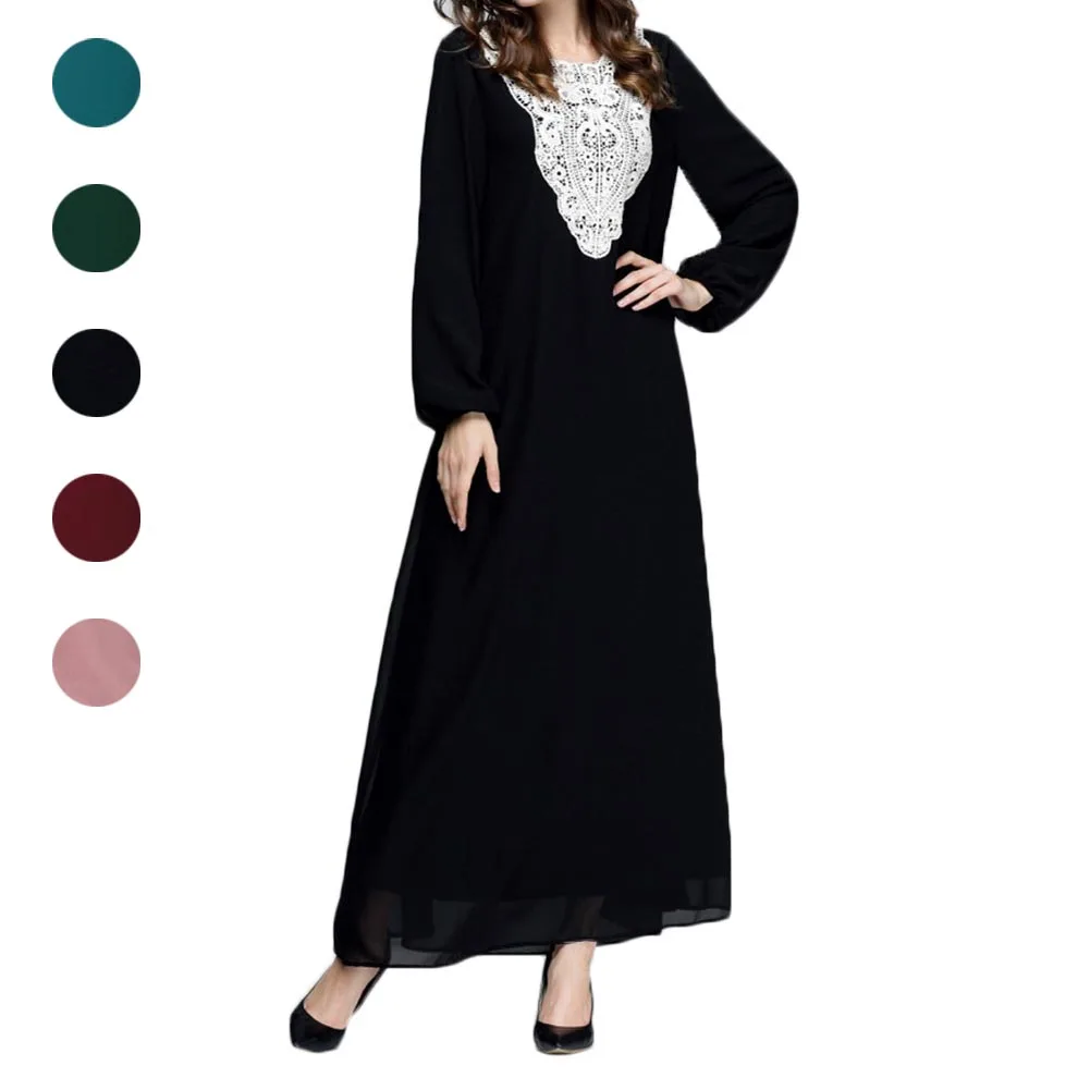 

Women Dresses Muslim Burka Long Sleeve Lace Splice Dubai Kaftan Ladies Girl Middle East Arab Islamic Ankle Length Dress