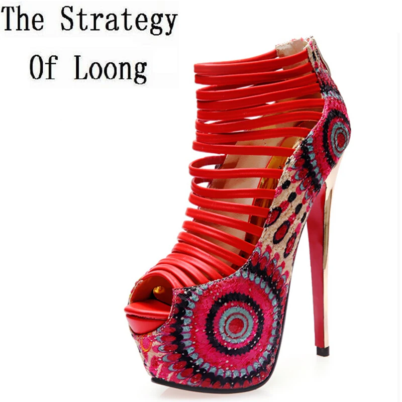 Пикантные женские босоножки на тонком высоком каблуке 14 см высота 16 в этническом