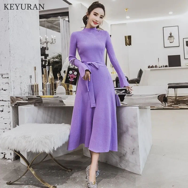2020 Women Autumn Winter Sweater Long Dress Elegant Sweet Ruffles Sleeve Knitted Bodycon Prom Party Dresses Slim Vestidos | Женская