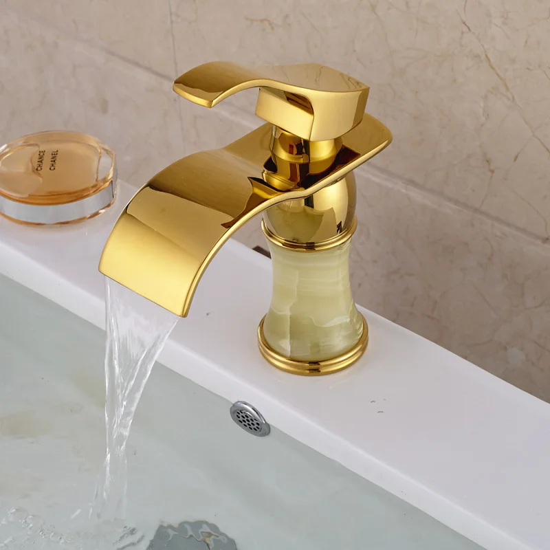 Золотой и мрамор водопад кран раковины палуба гора один ручкой латунь смесители
