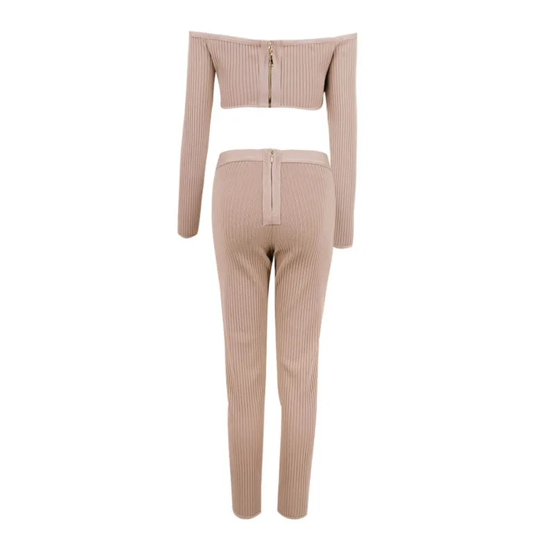 

High Quality 2 Pieces Set Khaki Long Sleeve Slash Neck Bandage Set Celebrity Party Bodycon Set