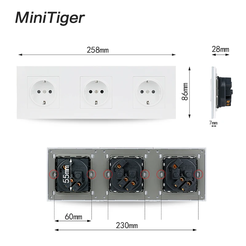 Белая настенная тройная розетка Minitiger из поликарбоната с заземлением 16 А