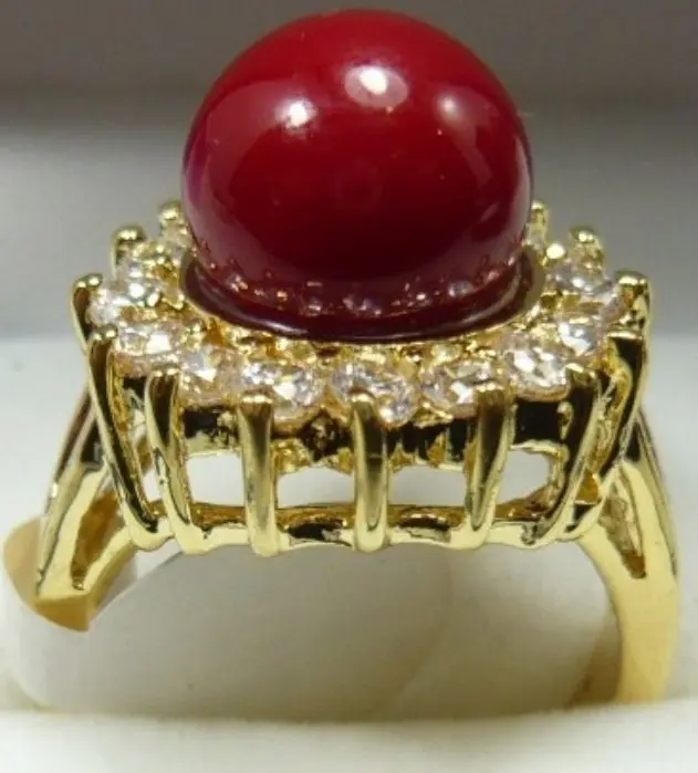 

Hot sale whlesale fine design jewelry 12mm red coral shell pearl bead crystal inlay ring (#6,7,8,9)