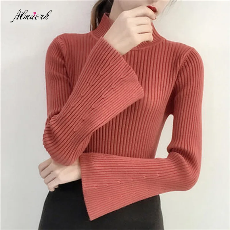 

Knitted bottoming sweater 2018 Women's winter Horn long sleeve Slim short paragraph wild European American spring sweater p136