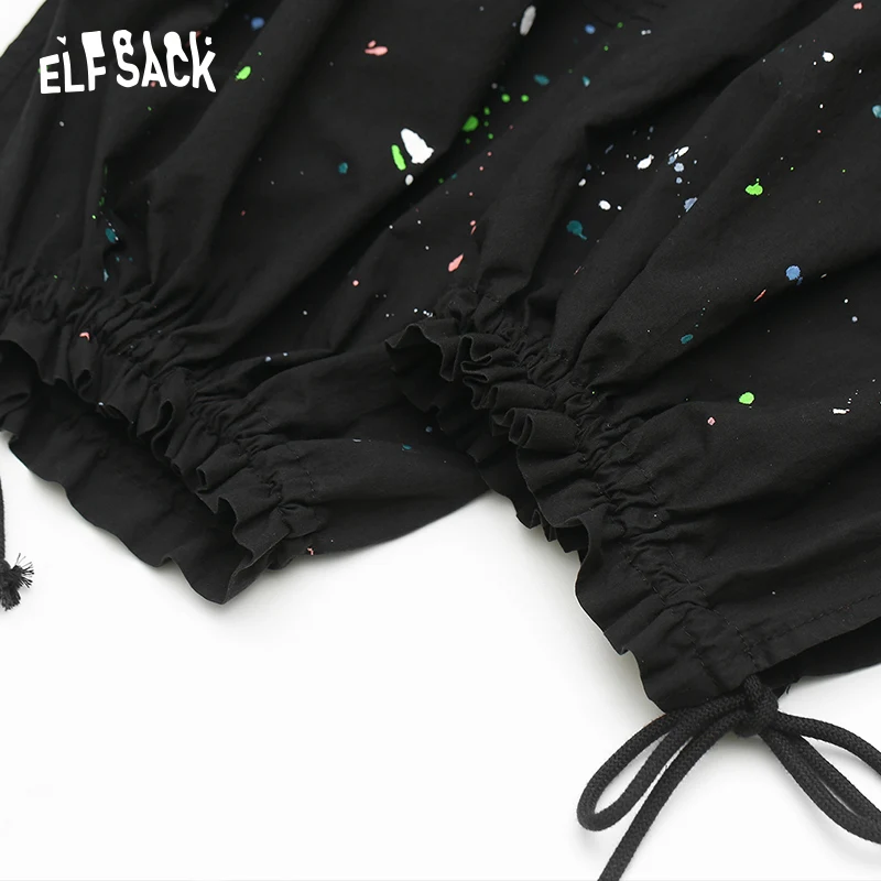 Женские уличные шаровары из хлопка ELF SACK черные с масляным принтом дамские брюки