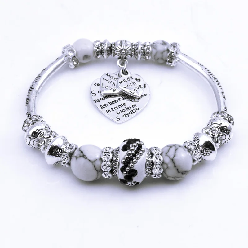 2017 Винтажный серебряный цвет шарма стеклянные браслеты для женщин Кристалл