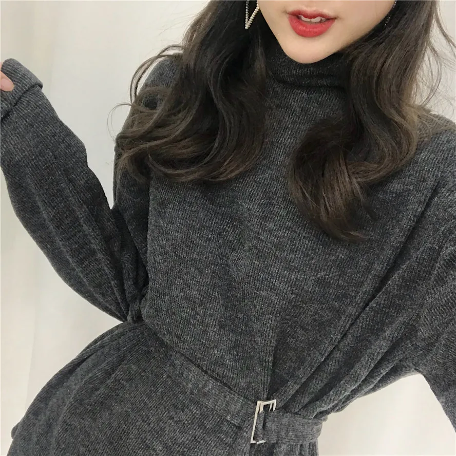 2018 Ретро мода свободные тепла высокой шеей ремень талии нить вязаное платье