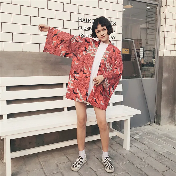 Новый летний Свободный кардиган в японском стиле блузка Harajuku с принтом птицы